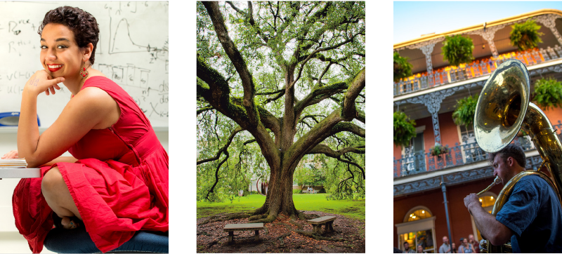 A photo collage of a woman smiling, a large oak tree, and a man playing a tuba.