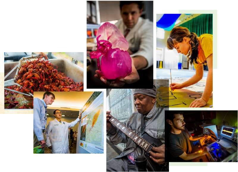 A photo collage of high-impact vibrant photography, of crawfish, musicians, artists, medical research and Tulane signs. 