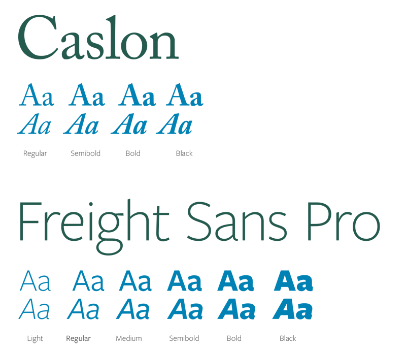 A screenshot of brand fonts including Caslon and Fright Sans