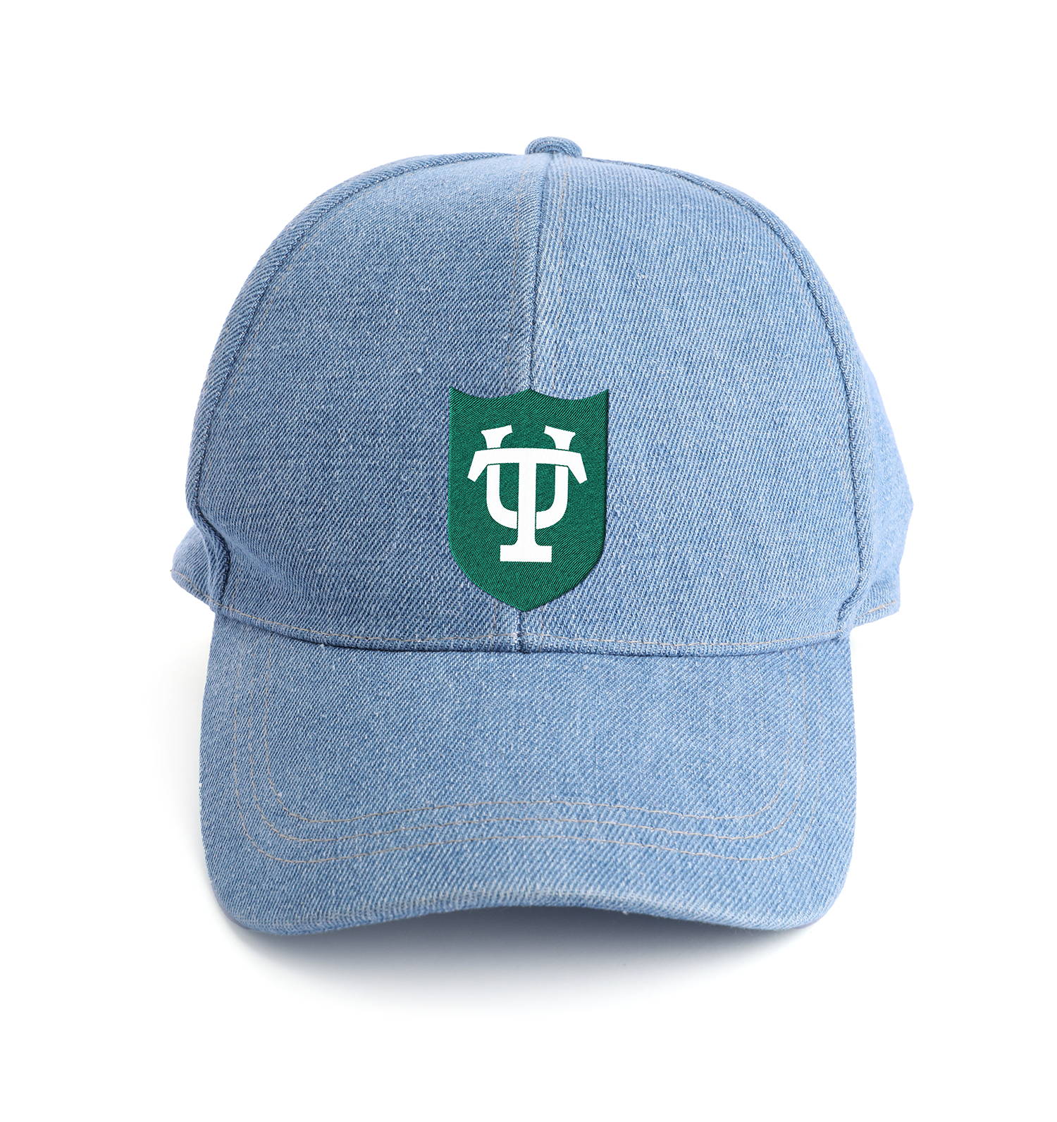 Blue baseball cap with white Tulane logo on green shield on the front