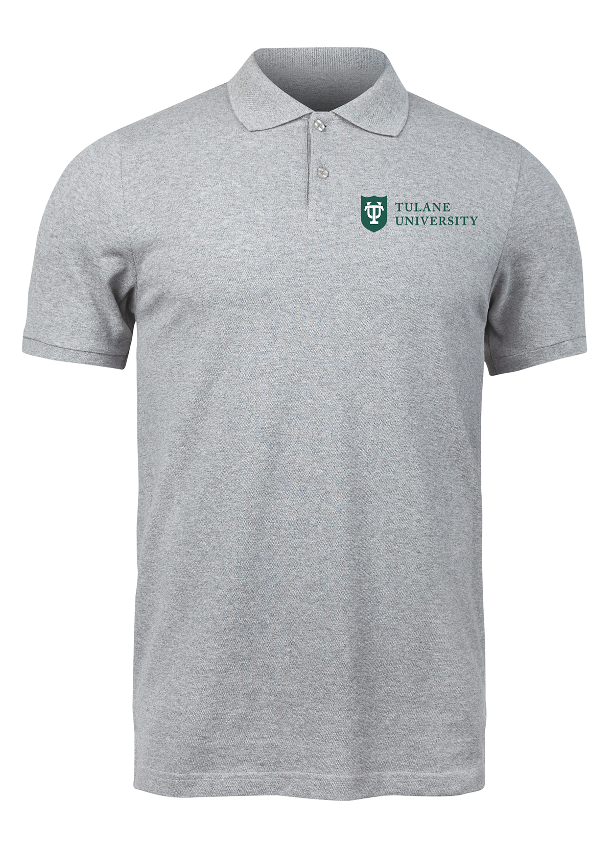 Grey polo with white Tulane logo on green shield next to vertically stacked Tulane University wordmark on the front