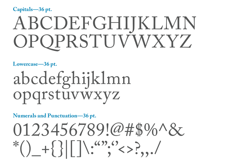 A screenshot of what the font Caslon looks like in alphabetical breakdown.