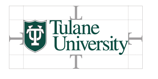  To ensure that clear space is maintained around the logo for legibility and prominence, photos, text and graphic elements must follow the guidelines illustrated here. Use the letter “T” from “Tulane” as a measuring tool to help maintain clearance.