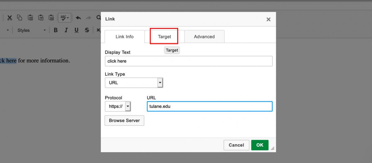 Target tab on Link properties dialog box