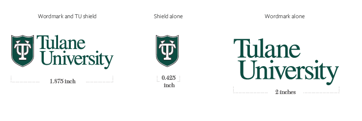 A depiction of spacing around logos: Wordmark and TU shield, Wordmark alone, Shield alone.