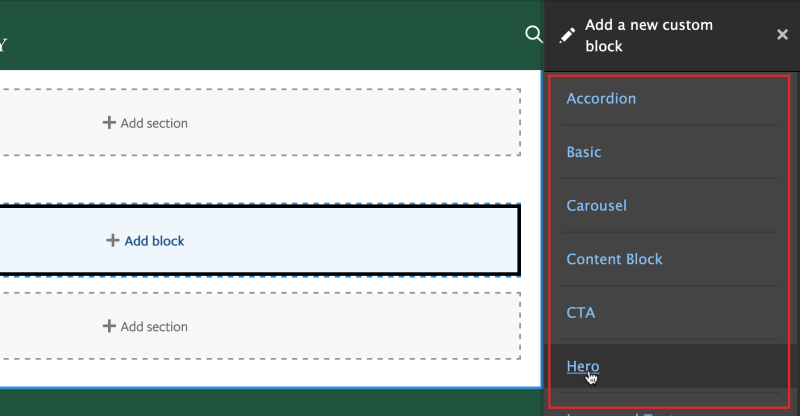 Custom Block Options screen