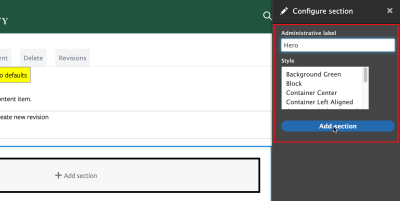 Configure Section screen