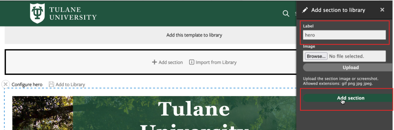 Screenshot of adding section label and saving