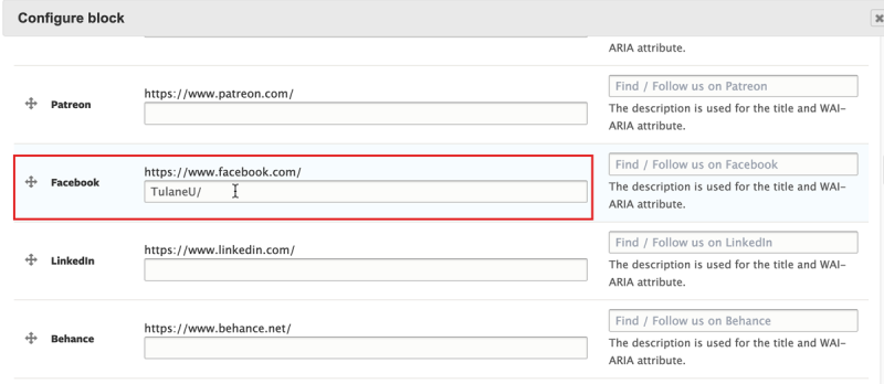 Screenshot of Configure block interface for social media links