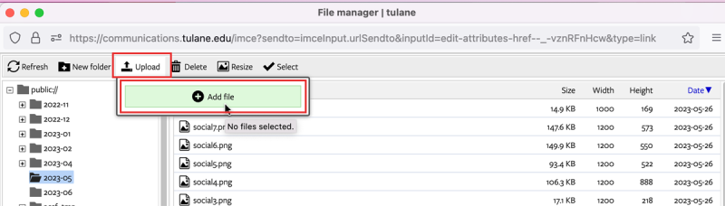 Screenshot of Upload button in the IMCE file directory
