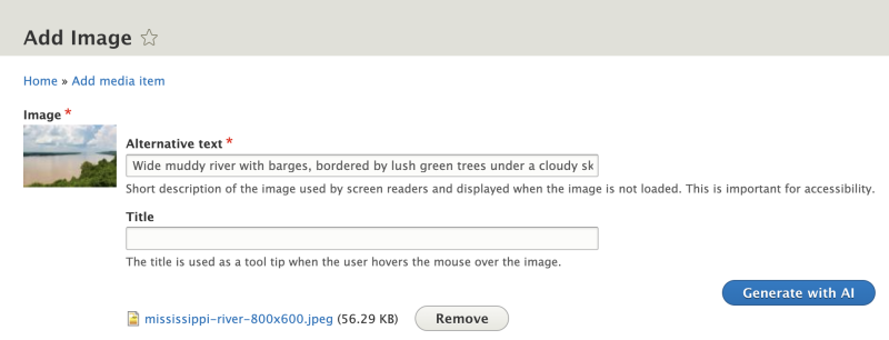 Screenshot of the add image screen with the Generate with AI alt text button
