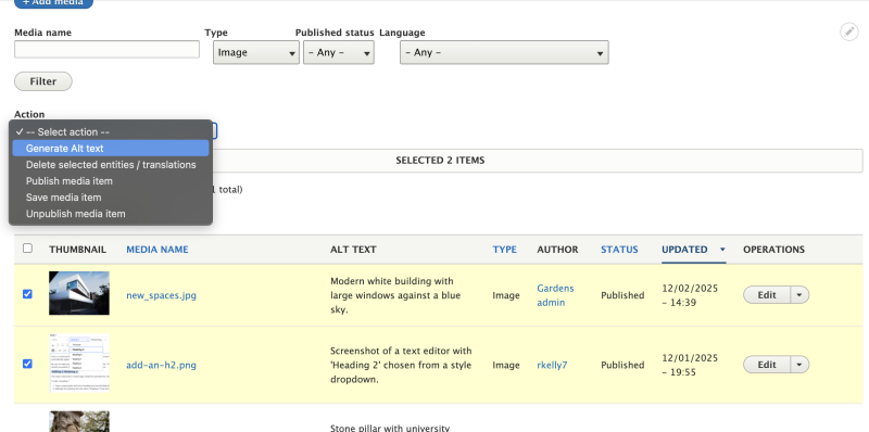 screenshot of media table with the actions dropdown open and generate alt text selected