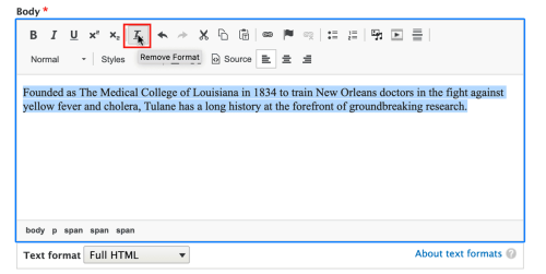 Screenshot of Drupal body field and Remove Format icon highlighted in red