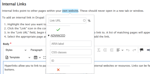Screenshot of the editor advanced link interface.