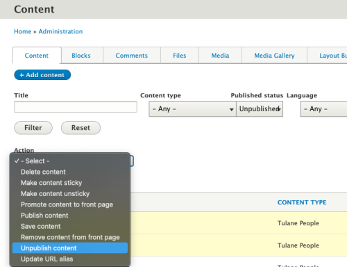 Unpublish content with action dropdown