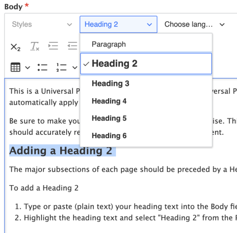 Screenshot of a text editor with 'Heading 2' chosen from a style dropdown.